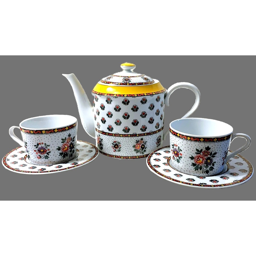 Vtg Souleiado pour Solafrance Tea Set - "La Fleur d'Arles" Pattern - NOS 5pc Set